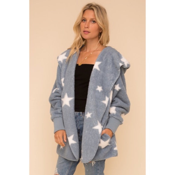 Sweaters - SOLD OUT Blue Gray Off White Star Print Super Soft Blanket Fur Winter Cardigan